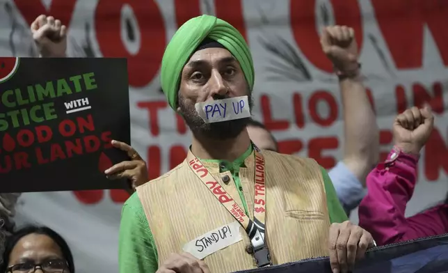 Activists participate in a demonstration for climate finance at the COP29 U.N. Climate Summit, Friday, Nov. 22, 2024, in Baku, Azerbaijan. (AP Photo/Sergei Grits)