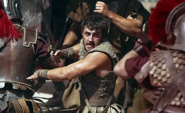 This image released by Paramount Pictures shows Paul Mescal in a scene from "Gladiator II." (Aidan Monaghan/Paramount Pictures via AP)