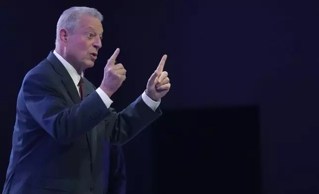 Former Vice President Al Gore speaks during a session on Climate Trace, a database that monitors emissions, at the COP29 U.N. Climate Summit, Friday, Nov. 15, 2024, in Baku, Azerbaijan. (AP Photo/Sergei Grits)