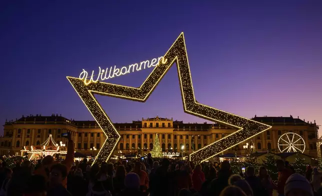 People crowd the Christmas market in front of Schoenbrunn castle in Vienna, Austria, Saturday, Nov. 16, 2024. (AP Photo/Christian Bruna)