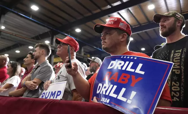 FILE - Attendees listen as Republican presidential nominee former President Donald Trump speaks during a campaign event at Alro Steel, Aug. 29, 2024, in Potterville, Mich. (AP Photo/Alex Brandon, File)