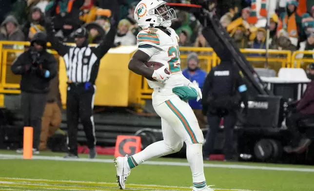 Miami Dolphins running back De'Von Achane scores on a 14-yard touchdown reception during the second half of an NFL football game against the Green Bay Packers Thursday, Nov. 28, 2024, in Green Bay, Wis. (AP Photo/Morry Gash)