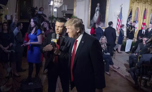 File - President Donald Trump appears on Fox &amp; Friends co-host Pete Hegseth at a Wounded Warrior Project Soldier Ride event in the East Room of the White House in Washington, Thursday, April 6, 2017. (AP Photo/Andrew Harnik, File)