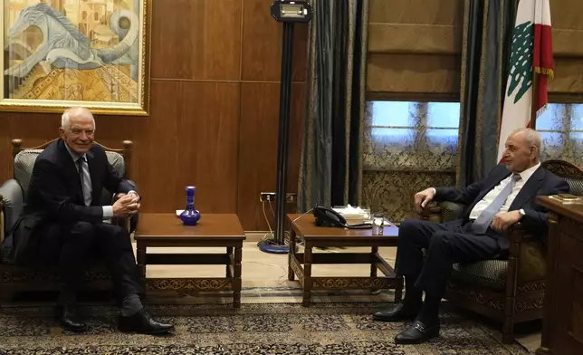 European Union foreign policy chief Josep Borrell, left, meets with Lebanese Parliament speaker Nabih Berri, right, in Beirut, Lebanon, Sunday, Nov. 24, 2024. (AP Photo/Hassan Ammar)