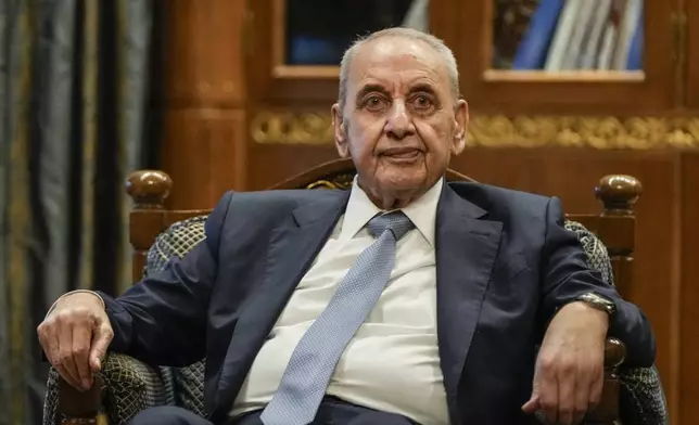 Lebanese Parliament speaker Nabih Berri during his meeting with European Union foreign policy chief Josep Borrell, in Beirut, Lebanon, Sunday, Nov. 24, 2024. (AP Photo/Hassan Ammar)