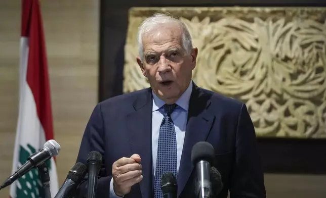 European Union foreign policy chief Josep Borrell gives a statement to the media after his meeting with Lebanese Parliament speaker Nabih Berri, in Beirut, Lebanon, Sunday, Nov. 24, 2024. (AP Photo/Hassan Ammar)