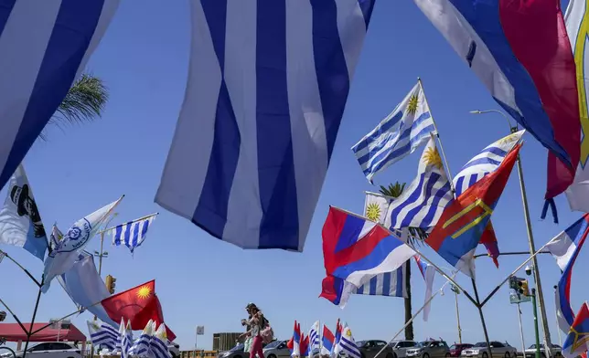 Pedestrians pass by Uruguay's national flag and political party banners for sale on the day of the presidential run-off election in Montevideo, Uruguay, Sunday, Nov. 24, 2024. (AP Photo/Natacha Pisarenko)