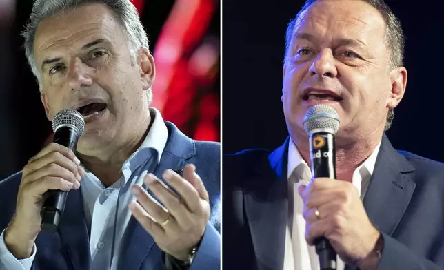 FILE - This photo combo shows presidential frontrunner Yamandu Orsi, left, of the Broad Front coalition, on Oct. 22, 2024, and opponent, National Party candidate Alvaro Delgado, on Nov. 20, 2024, both in Montevideo, Uruguay. (AP Photo Matilde Campodonico, left; and AP Photo Santiago Mazzarovich, File)