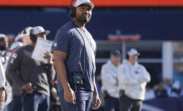 New England Patriots head coach Jerod Mayo watches a replay during the first half of an NFL football game against the Los Angeles Rams, Sunday, Nov. 17, 2024, in Foxborough, Mass. (AP Photo/Michael Dwyer)