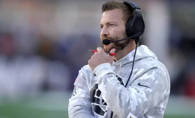 Los Angeles Rams head coach Sean McVay watches his team during the first half of an NFL football game against the New England Patriots, Sunday, Nov. 17, 2024, in Foxborough, Mass. (AP Photo/Steven Senne)