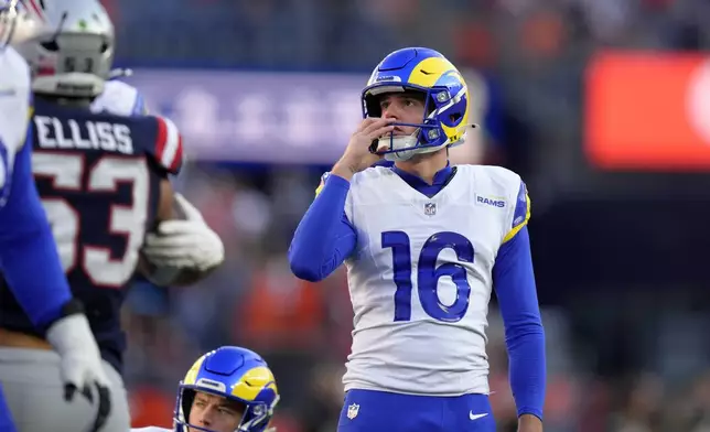 Los Angeles Rams kicker Joshua Karty (16) watches his field goal miss at the end of the first half of an NFL football game against the , Sunday, Nov. 17, 2024, in Foxborough, Mass. (AP Photo/Steven Senne)