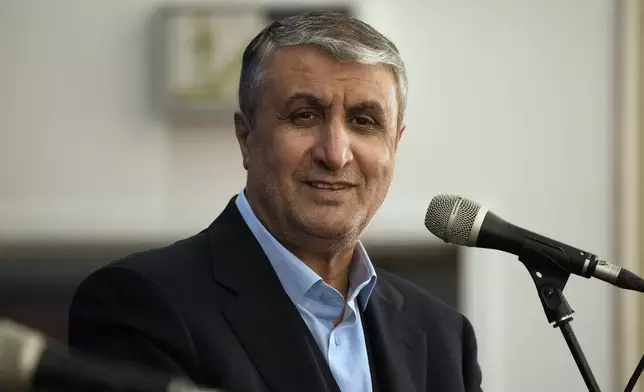 Head of Atomic Energy Organization of Iran Mohammad Eslami listens during his joint press conference with International Atomic Energy Agency (IAEA) Director General Rafael Mariano Grossi in Tehran, Iran, Thursday, Nov. 14, 2024. (AP Photo/Vahid Salemi)