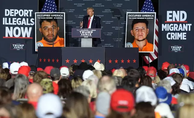 FILE - Republican presidential nominee former President Donald Trump speaks during a campaign rally at the Gaylord Rockies Resort and Convention Center Friday, Oct. 11, 2024, in Aurora, Colo. (AP Photo/David Zalubowski, File)