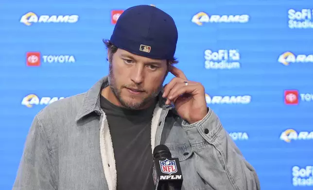 Los Angeles Rams quarterback Matthew Stafford speaks at a news conference after an NFL football game against the Philadelphia Eagles in Inglewood, Calif., Sunday, Nov. 24, 2024. (AP Photo/Mark J. Terrill)