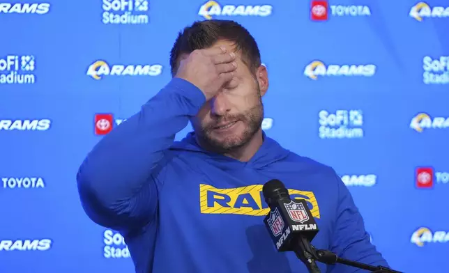 Los Angeles Rams head coach Sean McVay reacts while speaking at a news conference after an NFL football game against the Philadelphia Eagles in Inglewood, Calif., Sunday, Nov. 24, 2024. (AP Photo/Mark J. Terrill)