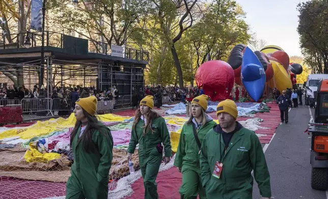 Floats are inflated in preparation for the Macy's Thanksgiving Day Parade, Wednesday, Nov. 27, 2024, in New York. (AP Photo/Yuki Iwamura)