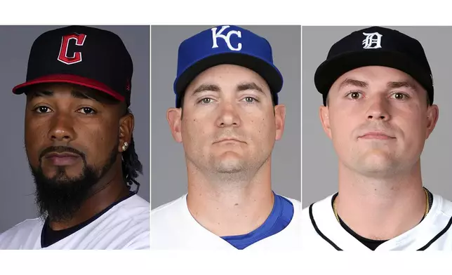 FILE - From left are baseball players, Cleveland Guardians' Emmanuel Clase, Kansas City Royals' Seth Lugo and Detroit Tigers' Tarik Skubal, in 2024. (AP Photo/File)