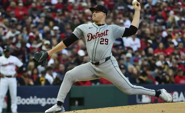 FILE - Detroit Tigers' Tarik Skubal pitches during a baseball game, Oct. 7, 2024, in Cleveland. (AP Photo/Phil Long, File)