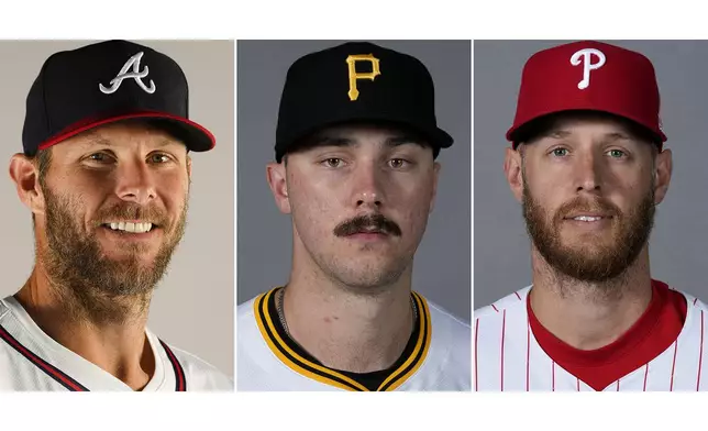 FILE - From left are baseball players, Atlanta Braves' Chris Sale, Pittsburgh Pirates' Paul Skenes and Philadelphia Phillies' Zack Wheeler. (AP Photo/File)