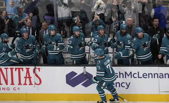 San Jose Sharks center Macklin Celebrini (71) celebrates with teammates after scoring a goal during the third period of an NHL hockey game against the Los Angeles Kings, Monday, Nov. 25, 2024, in San Jose, Calif. (AP Photo/Godofredo A. Vásquez)