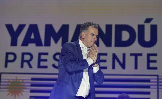 Yamandu Orsi, candidate for the Broad Front (Frente Amplio), addresses supporters after winning the presidential run-off election in Montevideo, Uruguay, Sunday, Nov. 24, 2024. (AP Photo/Natacha Pisarenko)