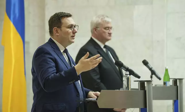 Czech Republic's Foreign Minister Jan Lipavsky speaks to journalists during a joint press conference with Ukraine's Foreign Minister Andriiy Sybiha in Kyiv, Ukraine, Friday, Nov. 22, 2024. (AP Photo/Evgeniy Maloletka)