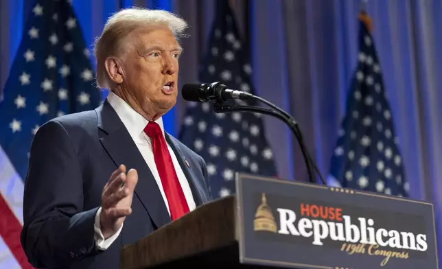 FILE - President-elect Donald Trump speaks at meeting of the House GOP conference, Nov. 13, 2024, in Washington. (AP Photo/Alex Brandon, File)