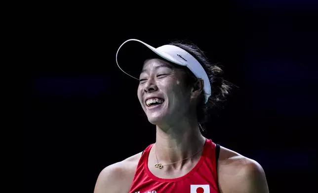 Japan's Ena Shibahara smiles during her match against Romania's Jaqueline Cristian during the Billie Jean King Cup Finals, at the Martin Carpena Sports Hall, in Malaga, southern Spain, on Thursday, Nov. 14, 2024. (AP Photo/Manu Fernandez)