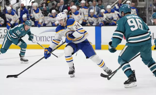 Buffalo Sabres center Dylan Cozens (24) skates up the ice against San Jose Sharks defenseman Jake Walman (96) during the second period of an NHL hockey game in San Jose, Calif., Saturday, Nov. 23, 2024. (AP Photo/Tony Avelar)