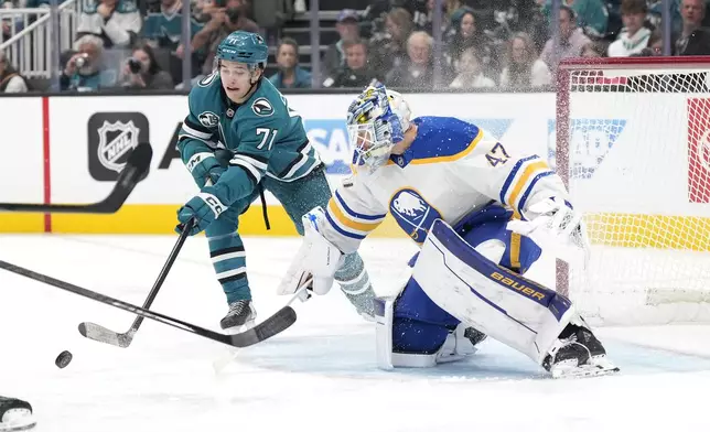 Buffalo Sabres goaltender James Reimer (47) blocks a shot by San Jose Sharks center Macklin Celebrini (71) during the first period of an NHL hockey game in San Jose, Calif., Saturday, Nov. 23, 2024. (AP Photo/Tony Avelar)