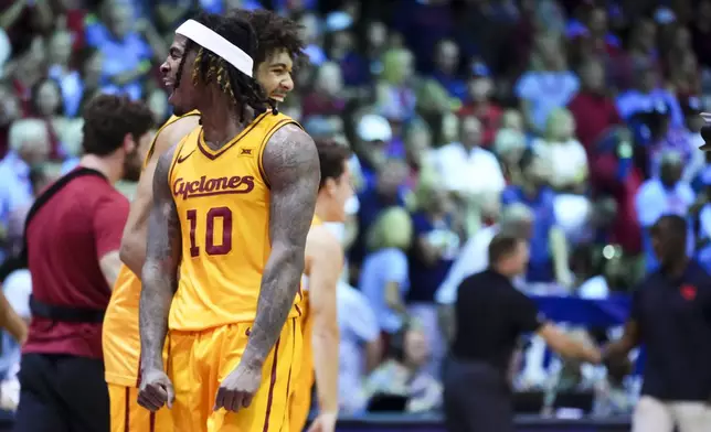 Iowa State guard Keshon Gilbert reacts to the 89-84 win against Dayton in an NCAA college basketball game at the Maui Invitational Tuesday, Nov. 26, 2024, in Lahaina, Hawaii. (AP Photo/Lindsey Wasson)