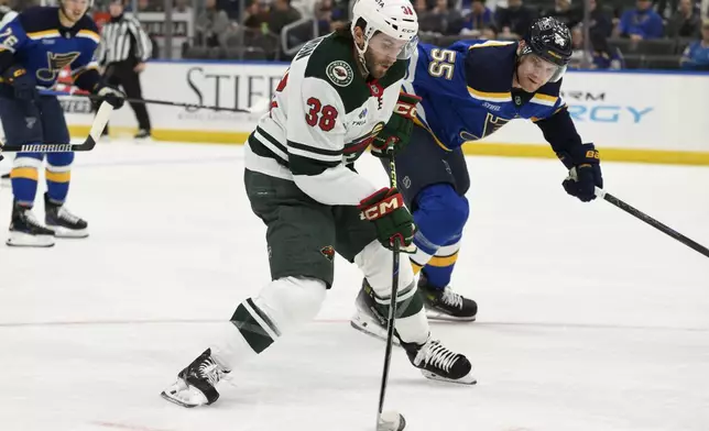 Minnesota Wild right wing Ryan Hartman (38) shoots and scores against the St. Louis Blues in front of St. Louis Blues defenseman Colton Parayko (55) during the first period of an NHL hockey game Tuesday, Nov. 19, 2024, in St. Louis. (AP Photo/Jeff Le)