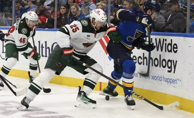 Minnesota Wild defenseman Jonas Brodin (25) checks St. Louis Blues right wing Alexey Toropchenko during the second period of an NHL hockey game Tuesday, Nov. 19, 2024, in St. Louis. (AP Photo/Jeff Le)