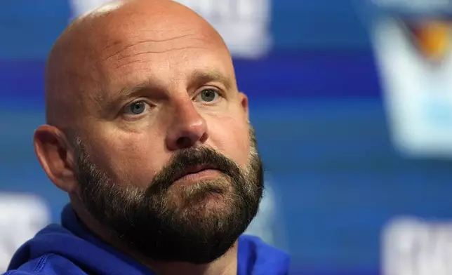 New York Giants head coach Brian Daboll attends a news conference after an NFL football game, Sunday, Nov. 10, 2024, in Munich, Germany. (AP Photo/Matthias Schrader)