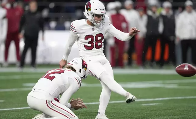 Arizona Cardinals place kicker Chad Ryland (38) kicks a field goal during the second half of an NFL football game against the Seattle Seahawks, Sunday, Nov. 24, 2024, in Seattle. (AP Photo/Stephen Brashear)