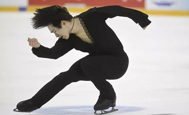 Yuma Kagiyama of Japan performs during the men's free skating at the international figure skating competition Finlandia Trophy in Helsinki, Saturday, Nov. 16, 2024. (Vesa Moilanen/Lehtikuva via AP)