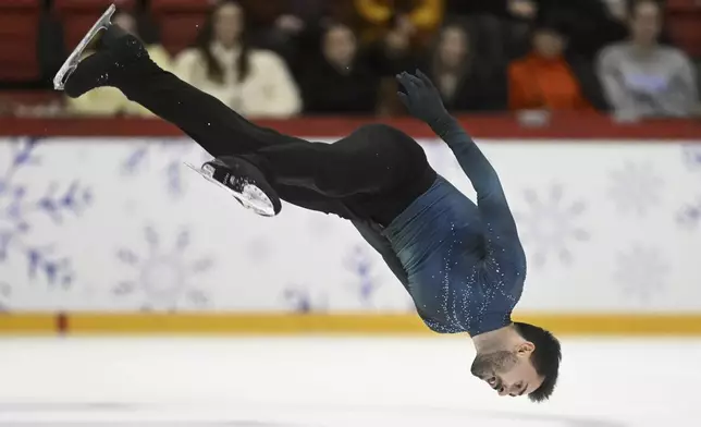 Kevin Aymoz of France performs during the men's free skating at the international figure skating competition Finlandia Trophy in Helsinki, Saturday, Nov. 16, 2024. (Vesa Moilanen/Lehtikuva via AP)