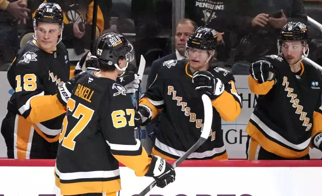 Pittsburgh Penguins' Rickard Rakell (67) returns to the bench after scoring during the second period of an NHL hockey game against the Tampa Bay Lightning, Tuesday, Nov. 19, 2024, in Pittsburgh. (AP Photo/Gene J. Puskar)