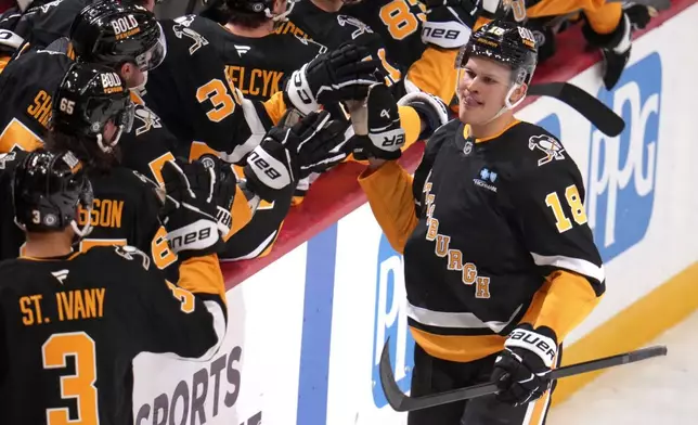 Pittsburgh Penguins' Jesse Puljujarvi, (18) returns to the bench after scoring during the first period of an NHL hockey game against the Tampa Bay Lightning, Tuesday, Nov. 19, 2024, in Pittsburgh. (AP Photo/Gene J. Puskar)