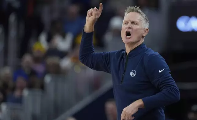 Golden State Warriors head coach Steve Kerr reacts during the first half of an NBA basketball game against the Atlanta Hawks, Wednesday, Nov. 20, 2024, in San Francisco. (AP Photo/Godofredo A. Vásquez)