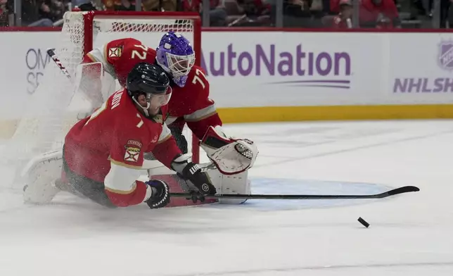 Florida Panthers defenseman Dmitry Kulikov (7) and goaltender Sergei Bobrovsky (72) defend the goal during the first period of an NHL hockey game against the Winnipeg Jets, Saturday, Nov. 16, 2024, in Sunrise, Fla. (AP Photo/Lynne Sladky)