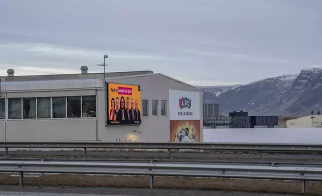 A bilboard of the People's Party (Flokkur Fólksins) reading "It's your turn", in Reykjavik, Iceland, Friday, Nov. 29, 2024. (AP Photo Marco Di Marco)