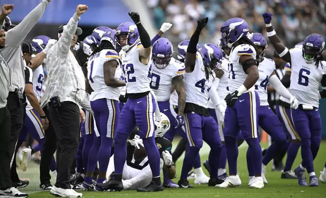 Minnesota Vikings celebrate a defensive stop after tackling Jacksonville Jaguars tight end Evan Engram (17) during the second half of an NFL football game, Sunday, Nov. 10, 2024, in Jacksonville, Fla. (AP Photo/Phelan M. Ebenhack)