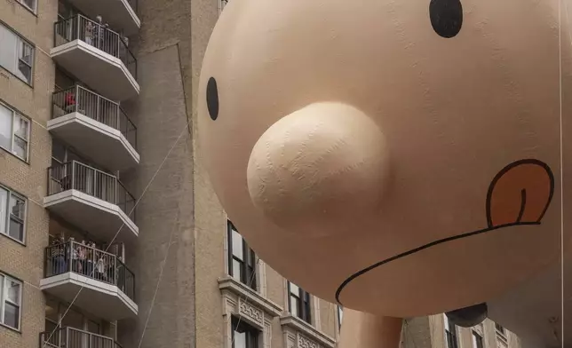 Spectators watch from a balcony as the balloon floats by along Central Park West during the Macy's Thanksgiving Day parade, Thursday, Nov. 28 2024, in New York. (AP Photo/Yuki Iwamura)