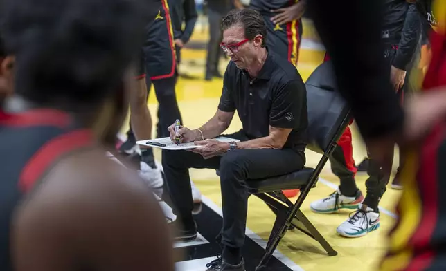 Atlanta Hawks head coach Quin Snyder calls a play during a timeout during the first half of an Emirates NBA Cup basketball game against the Cleveland Cavaliers, Friday, Nov. 29, 2024, in Atlanta. (AP Photo/Erik Rank)