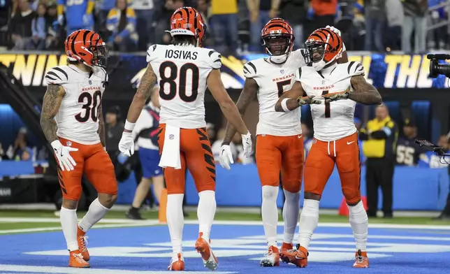 Cincinnati Bengals wide receiver Ja'Marr Chase (1) celebrates his touchdown catch with teammates during the second half of an NFL football game against the Los Angeles Chargers Sunday, Nov. 17, 2024, in Inglewood, Calif. (AP Photo/Eric Thayer)