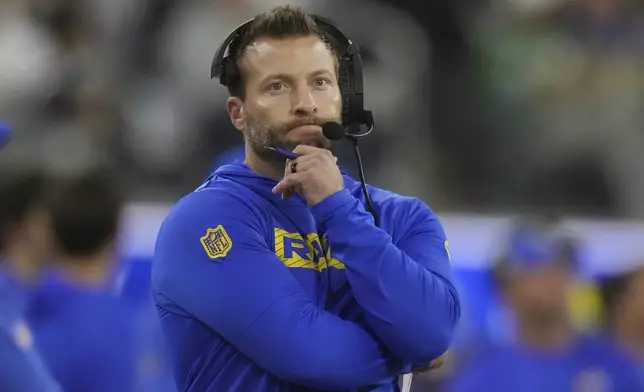 Los Angeles Rams head coach Sean McVay watches from the sideline during the first half of an NFL football game against the Philadelphia Eagles in Inglewood, Calif., Sunday, Nov. 24, 2024. (AP Photo/Mark J. Terrill)