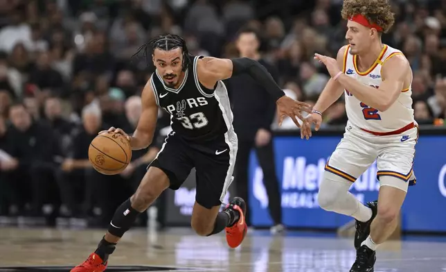 San Antonio Spurs' Tre Jones (33) drives against Golden State Warriors' Brandin Podziemski, right, during the first half of an NBA basketball game, Saturday, Nov. 23, 2024, in San Antonio. (AP Photo/Darren Abate)