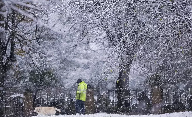 A person walks their dog during snowfall in Warwick, England, Tuesday, Nov. 19, 2024. (Jacob King/PA Wire/PA via AP)