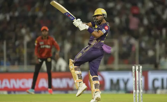 FILE - Kolkata Knight Riders' captain Shreyas Iyer bats during the Indian Premier League qualifier cricket match between Kolkata Knight Riders and Sunrisers Hyderabad in Ahmedabad, India, on May 21, 2024. (AP Photo/Ajit Solanki, File)